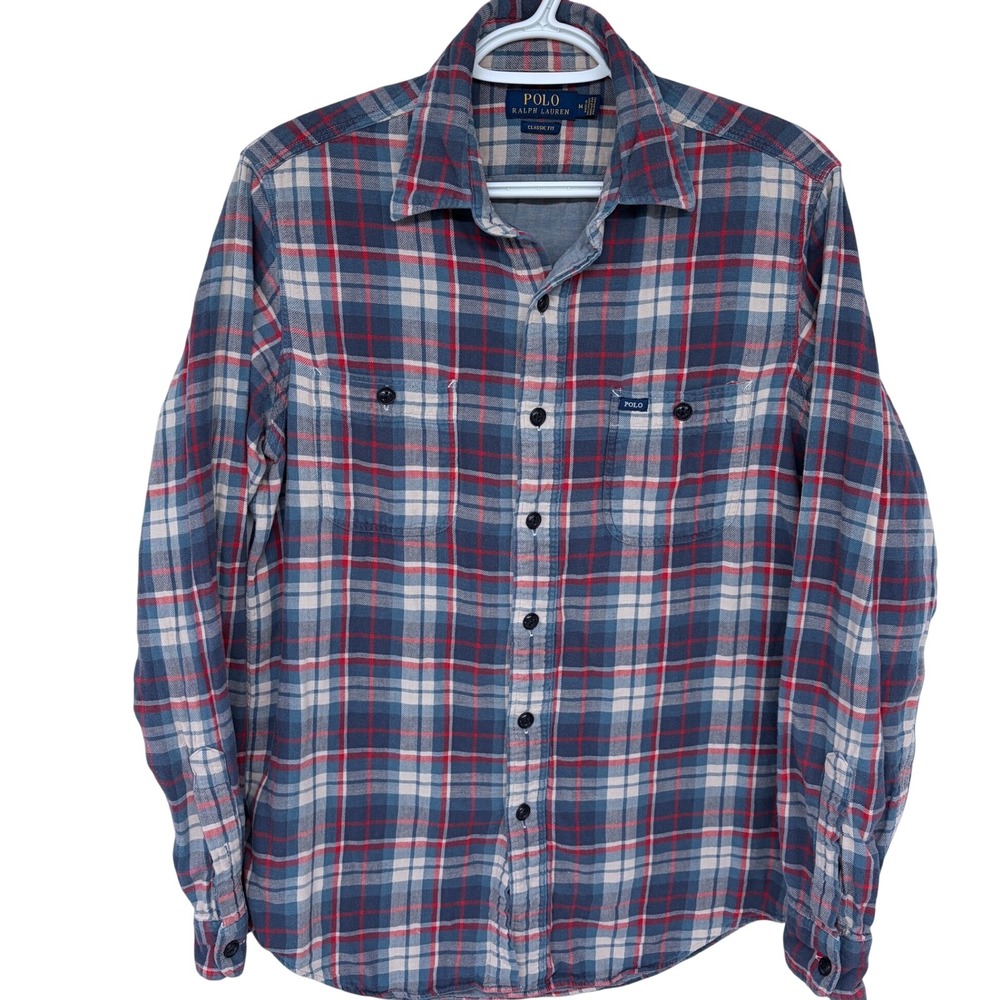 Polo Ralph Lauren Plaid Flannel Shirt Mens Medium‎ Blue Red White Outdoor Hiking